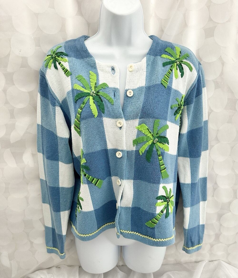 Vintage Talbots Cardigan Sweater PETITE M Blue White Checks Applique Palm Trees